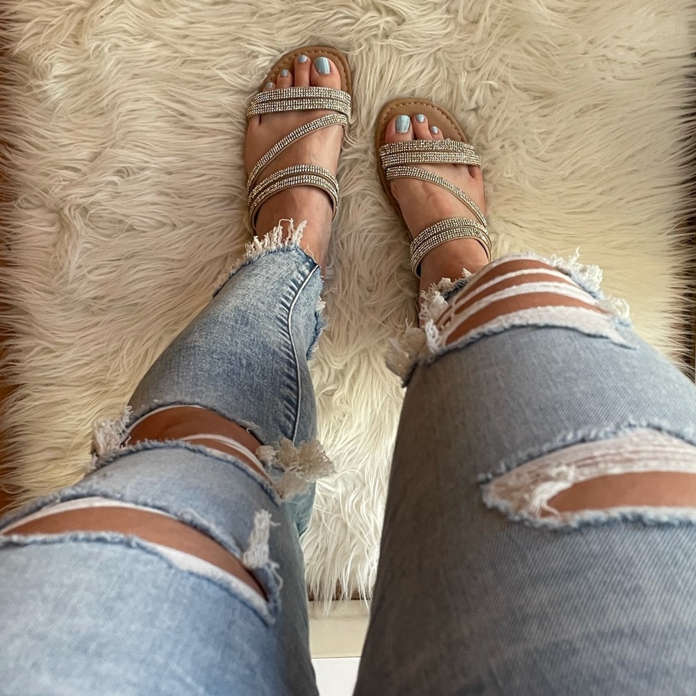 Square Toe Rhinestone Criss Cross Strap Sandals - Picture 3 of 16